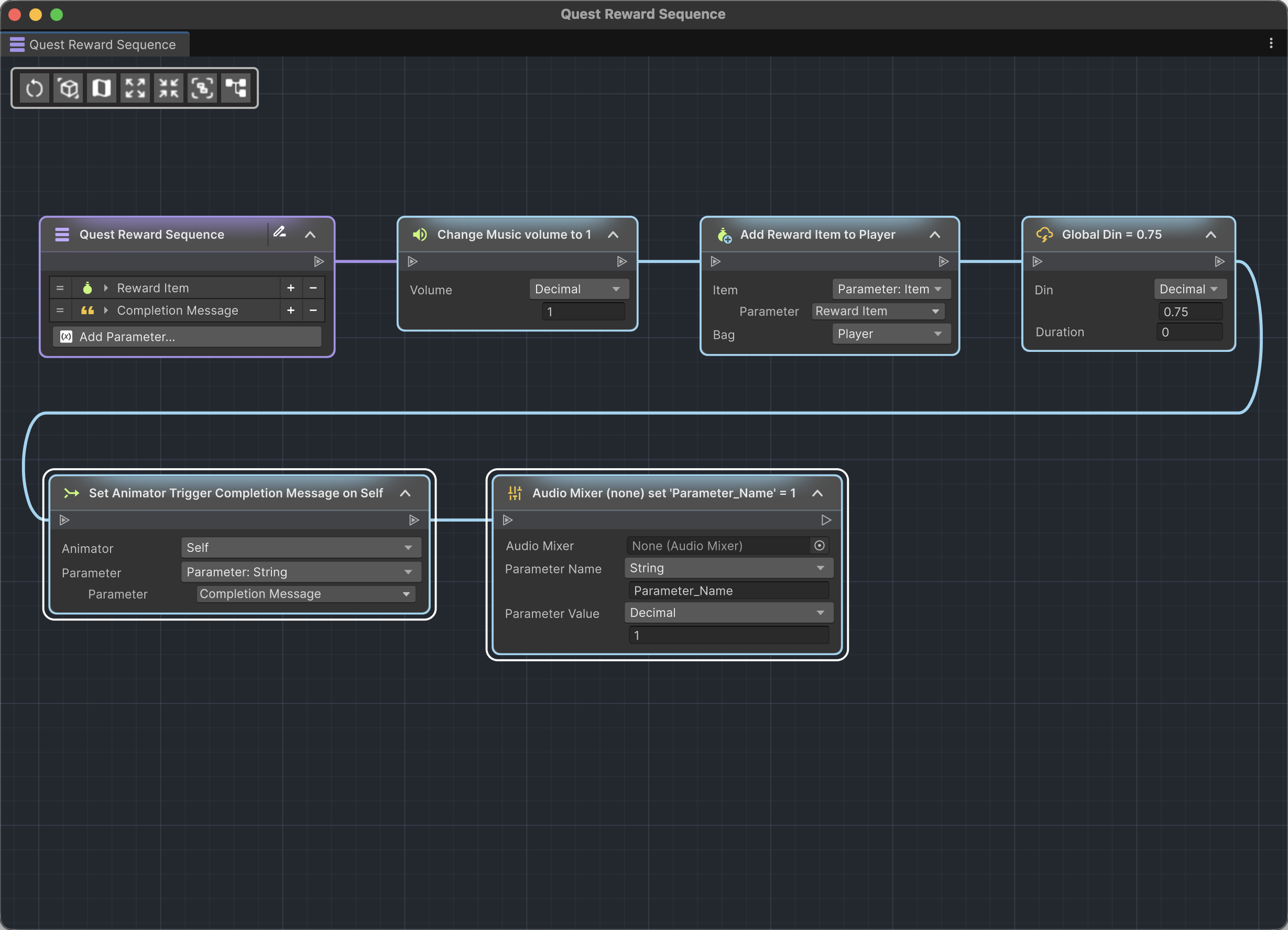 Instruction Asset graph with Reward Item and Completion Message parameters
