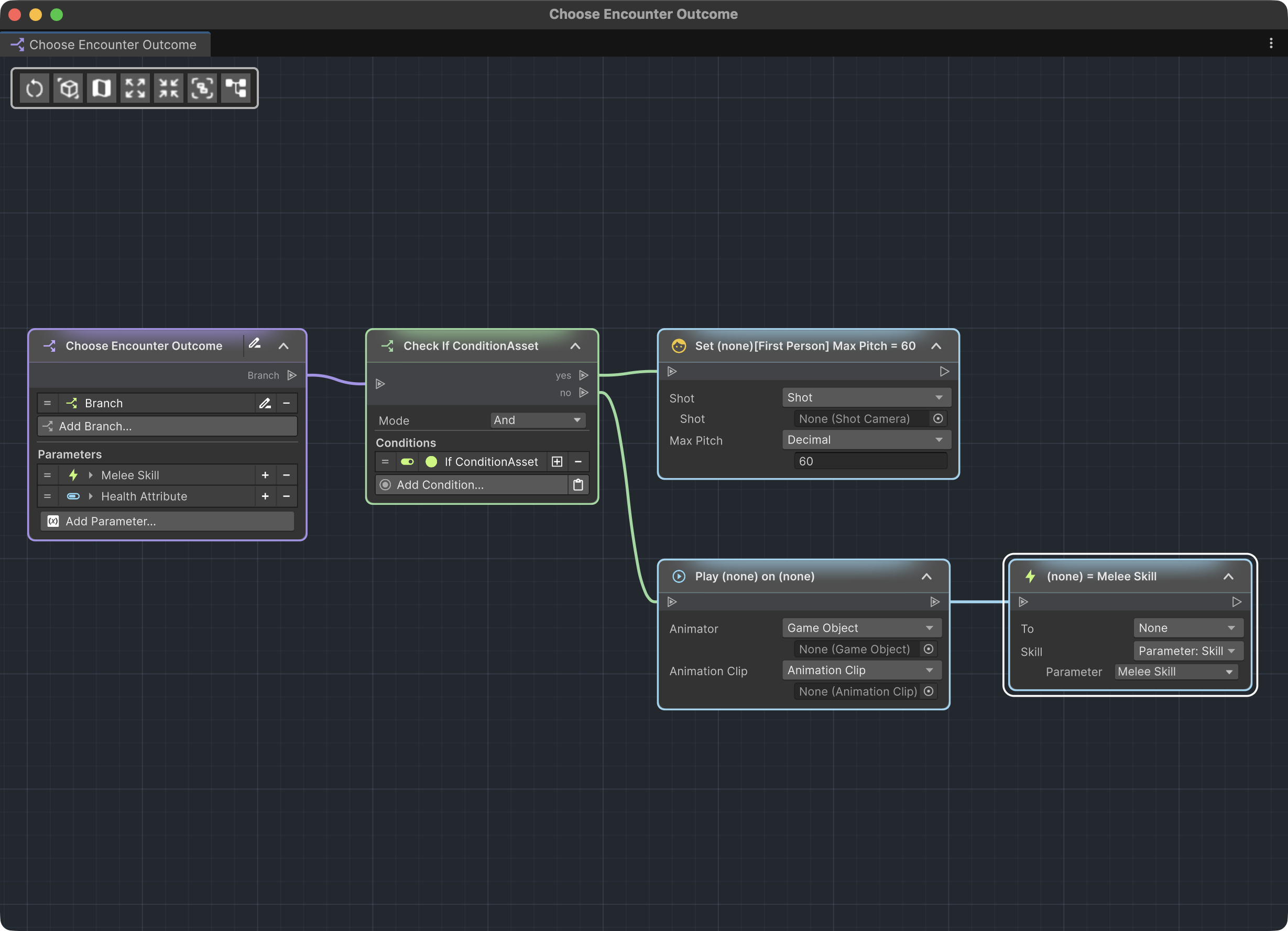 Branch Asset graph with Melee Skill and Health Attribute parameters