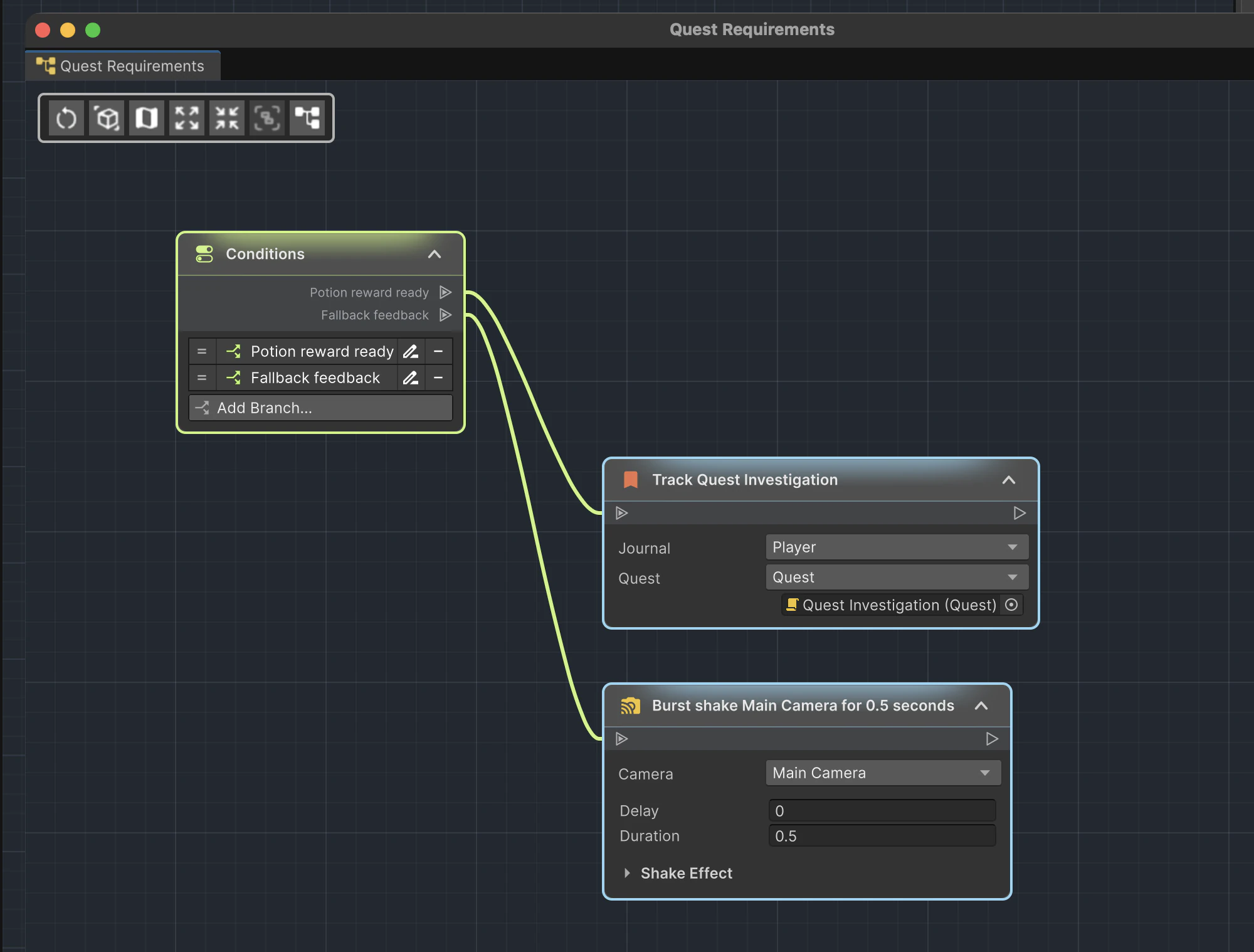 A Conditions component graph with Quest requirement met and Fallback branches leading to separate instruction paths