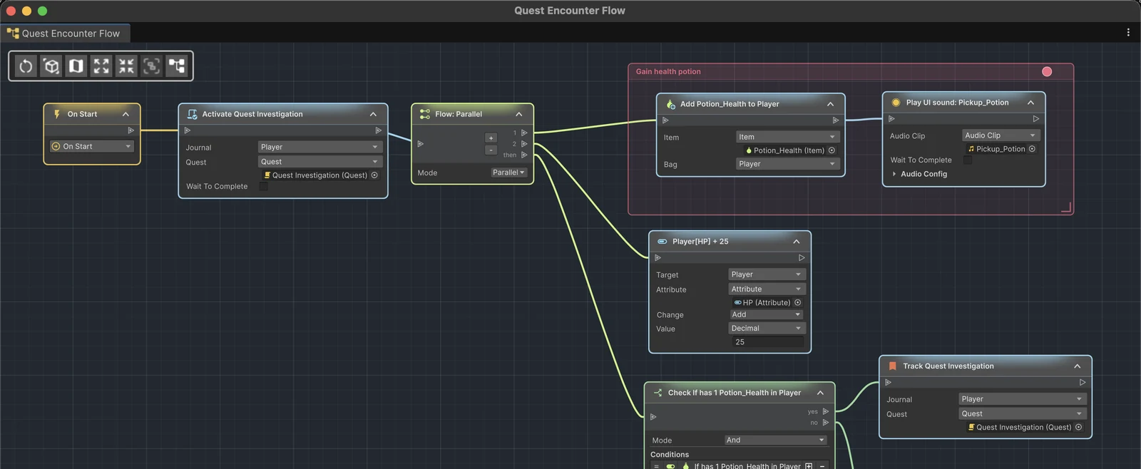 A real ActionFlow 2 graph where a Parallel Flow fans out to an Inventory reward, player health change, and conditional quest path