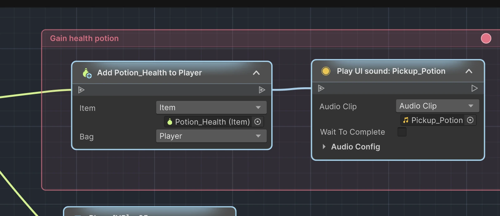 A red placemat titled Gain health potion grouping the Inventory reward and pickup sound nodes in an ActionFlow 2 graph