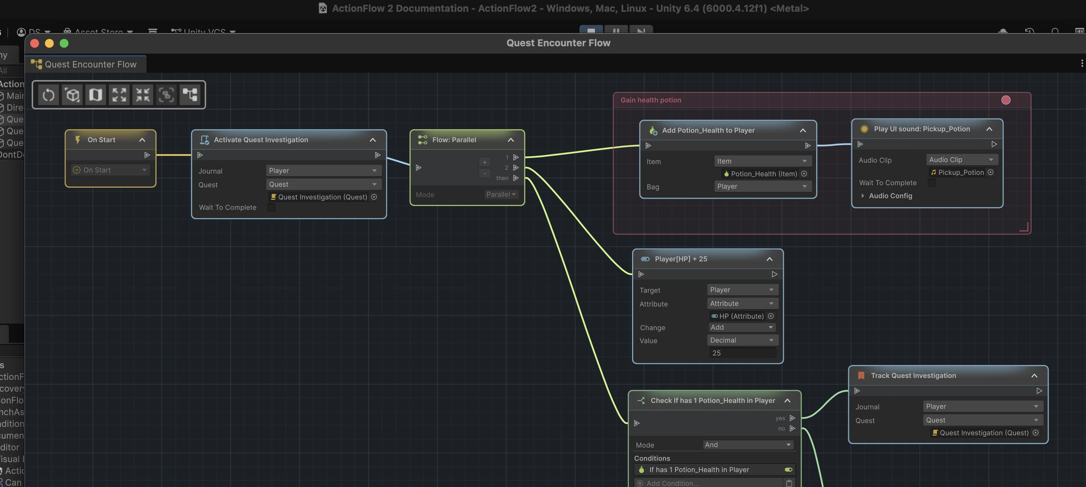 ActionFlow 2 open during Unity Play Mode with Unity's blue Stop control visible above the graph and structural editing locked