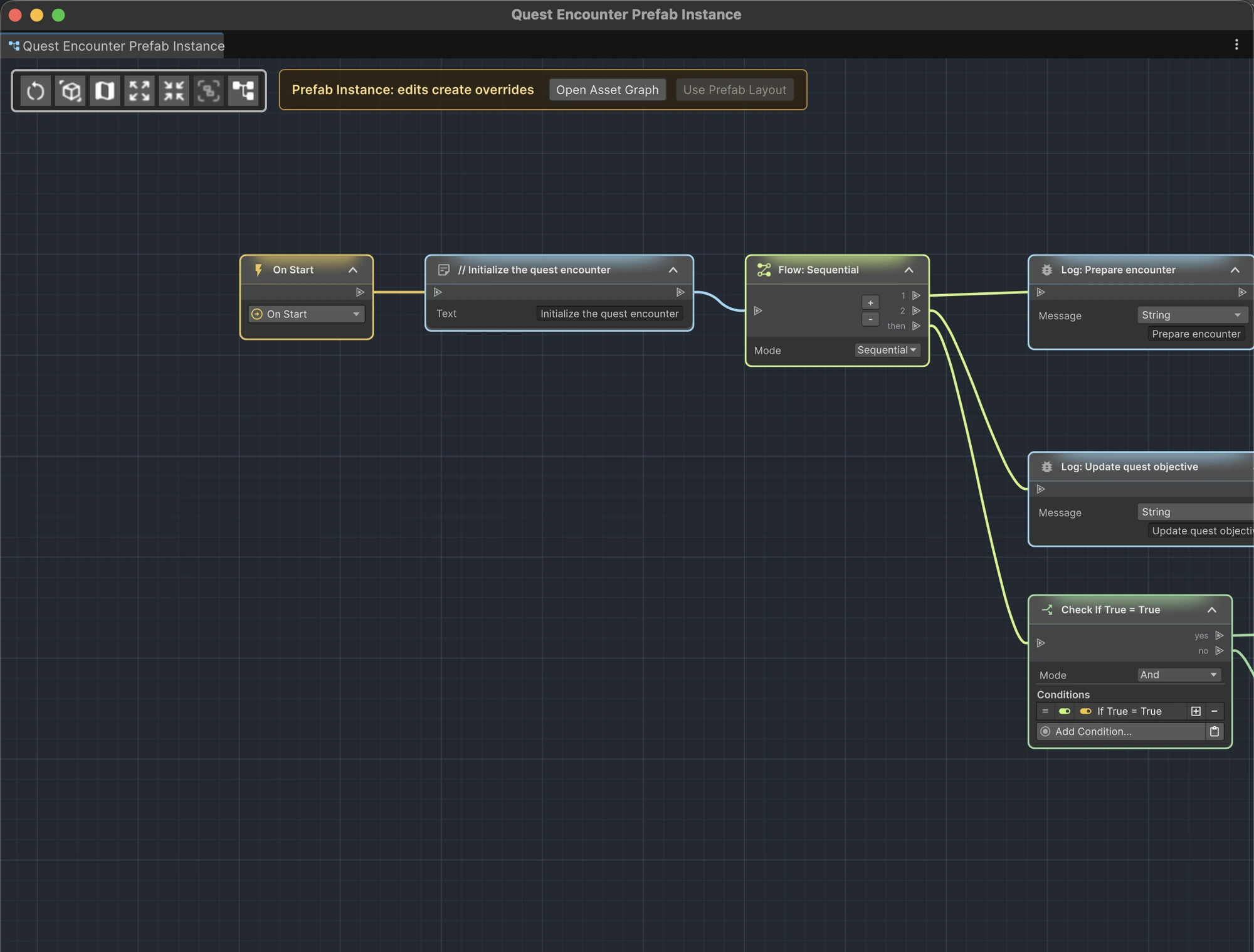 A Quest Encounter prefab instance graph with the edits-create-overrides banner and connected Game Creator nodes