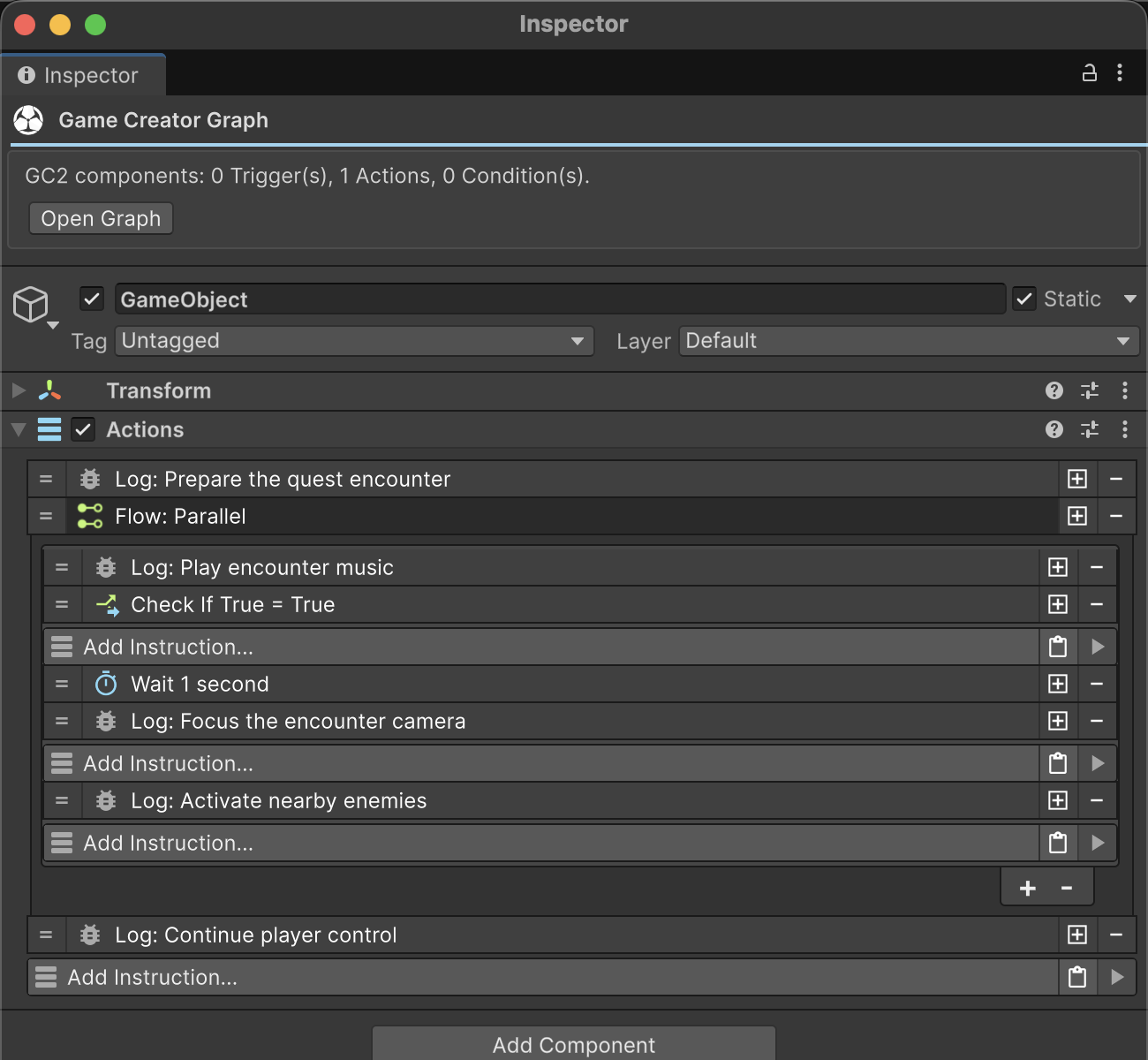 A real Unity Inspector showing a Parallel Flow with nested quest encounter instruction lists