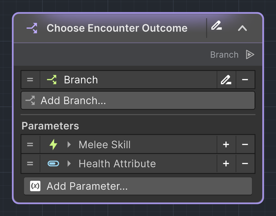 Branch Asset root with Melee Skill and Health Attribute parameters