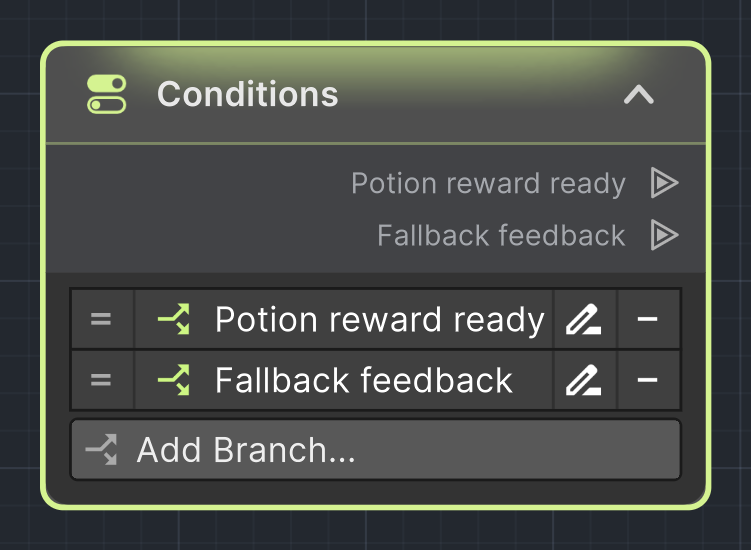 Conditions component root on the ActionFlow canvas