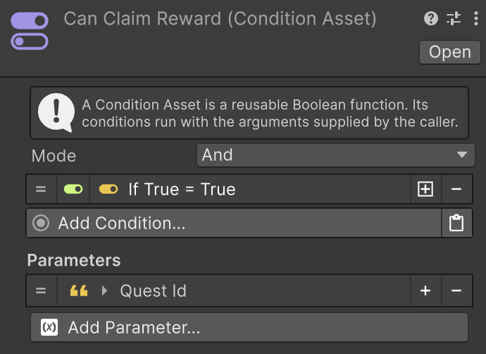 Condition Asset Inspector with a condition list and Quest Id parameter