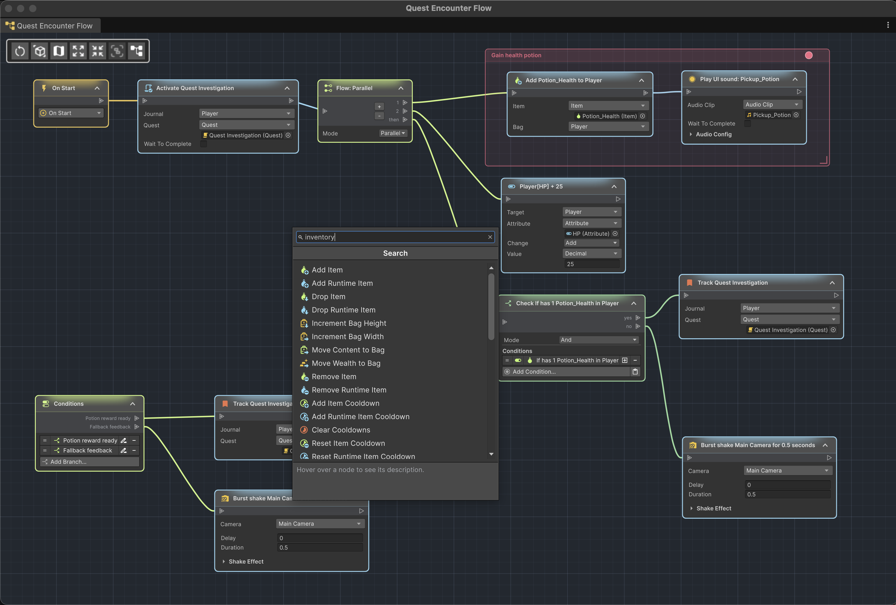 The searchable Add Node picker open over an ActionFlow 2 component graph