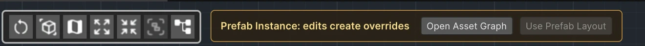 Prefab instance ownership banner with Open Asset Graph and Use Prefab Layout commands